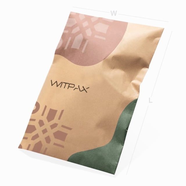 Custom printed poly mailer with abstract geometric design in beige, pink and green colors showing front view