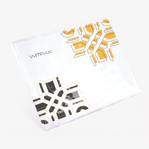 Front view of custom branded poly mailer showing geometric pattern design with WITPAX logo