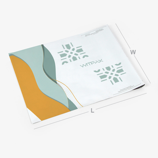 Custom printed poly mailer opened flat showing interior design with WITPAX branding and geometric patterns