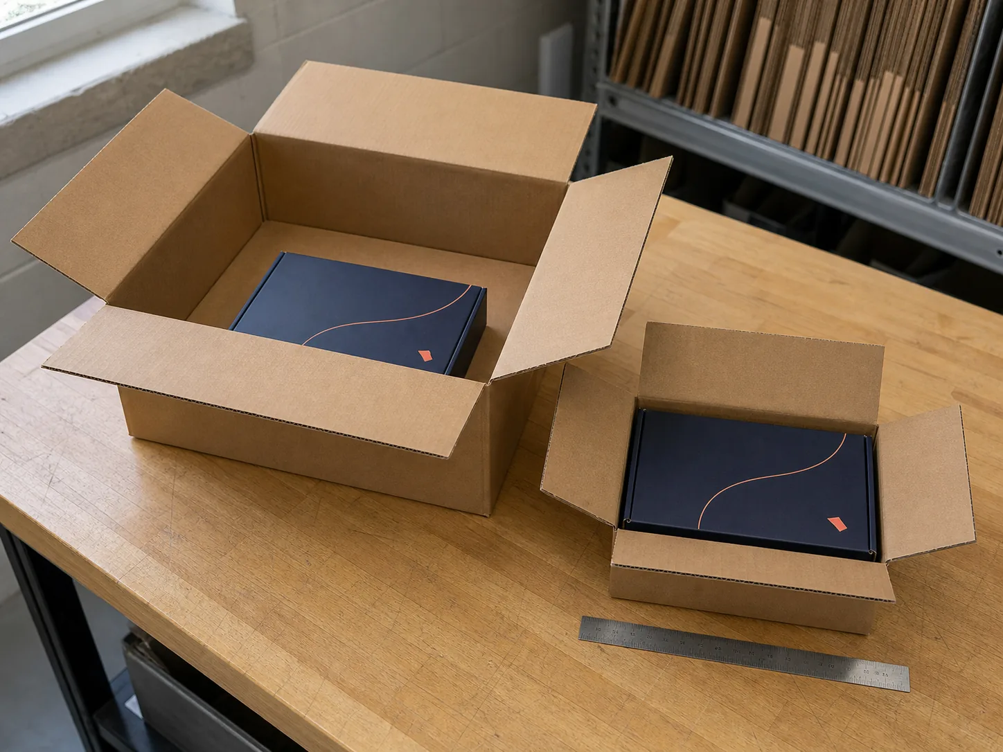 Open corrugated shipping box secures a product with molded pulp end caps and corner protectors beside a compression tester.