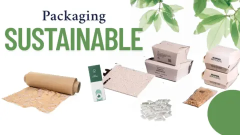 Eco-friendly packaging materials: boxes, wrap, cushioning, and pellets.