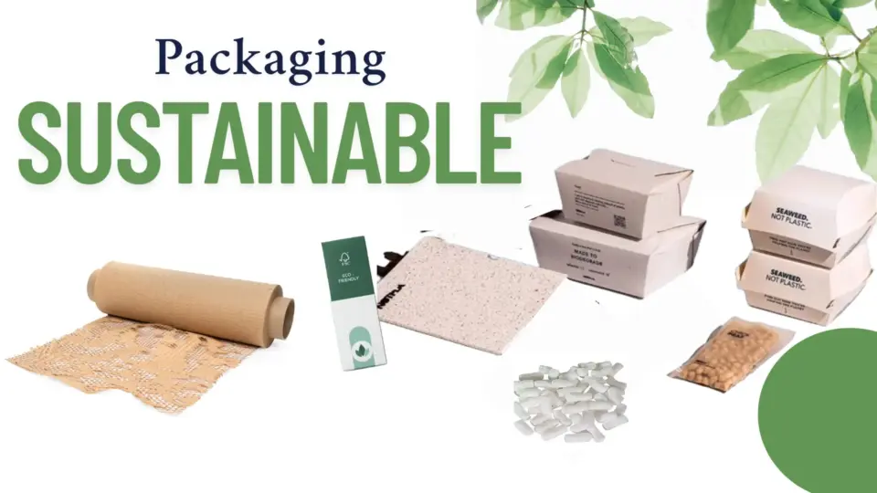 Eco-friendly packaging materials: boxes, wrap, cushioning, and pellets.