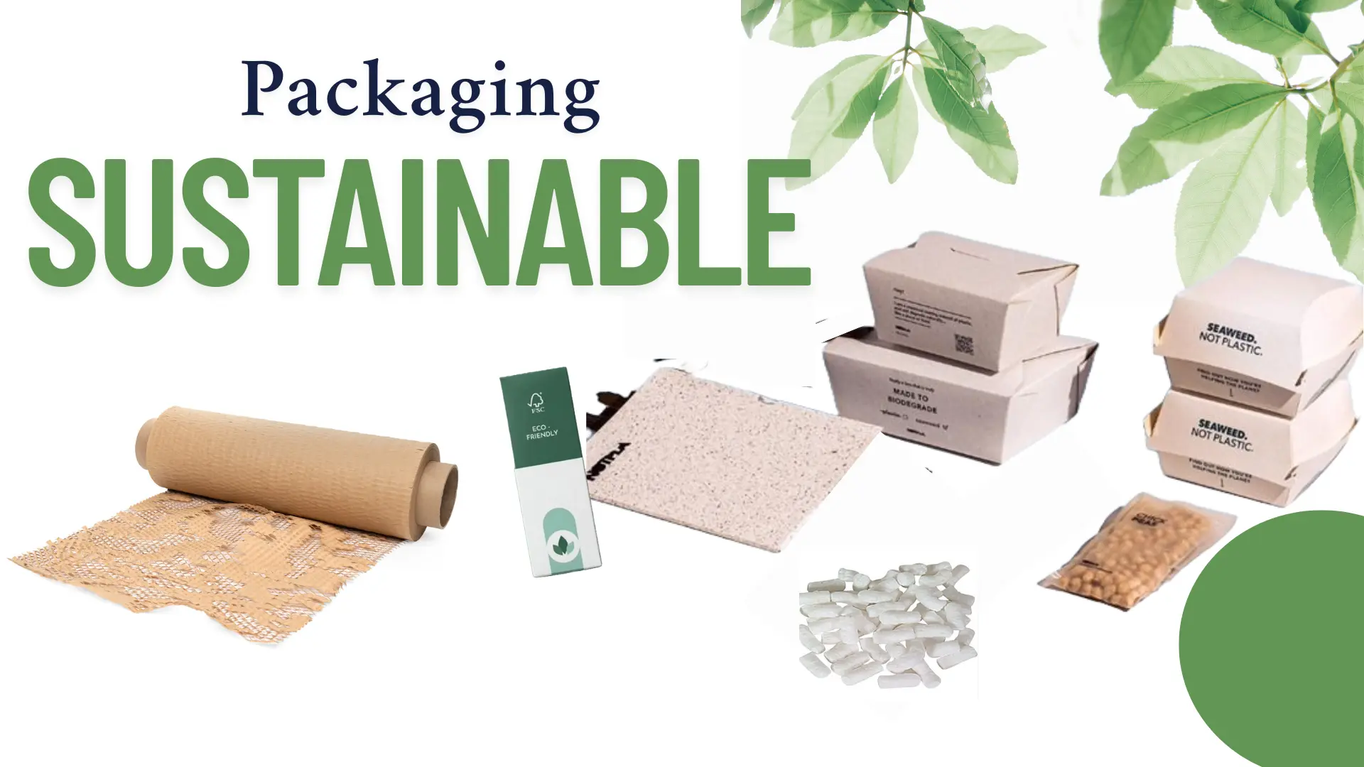 Eco-friendly packaging materials: boxes, wrap, cushioning, and pellets.