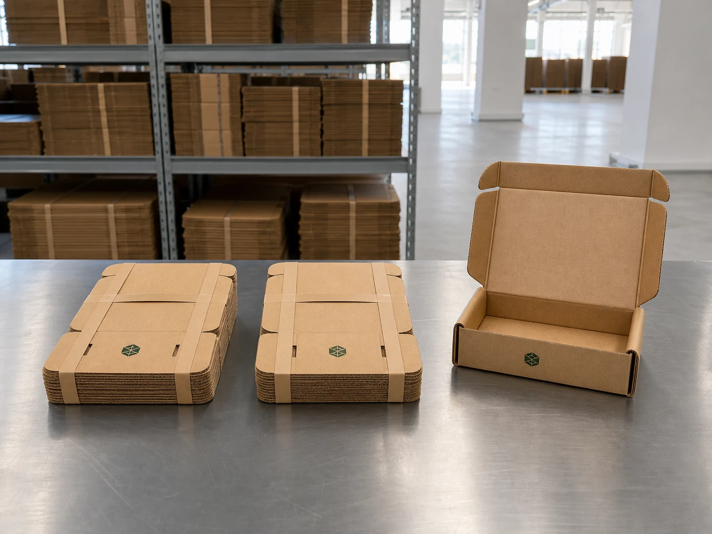 Two bundled stacks of flat-packed kraft mailer blanks beside an assembled open box in an organized warehouse storage area.