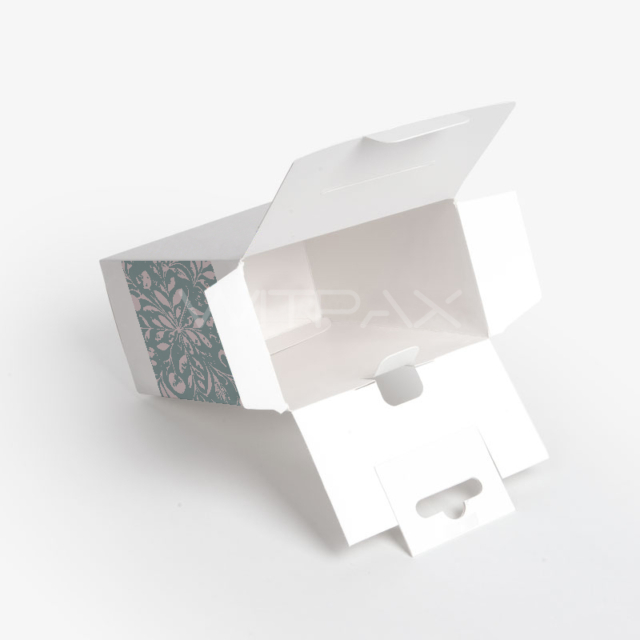 White folding carton with window panel shown open displaying internal structure and hang tab