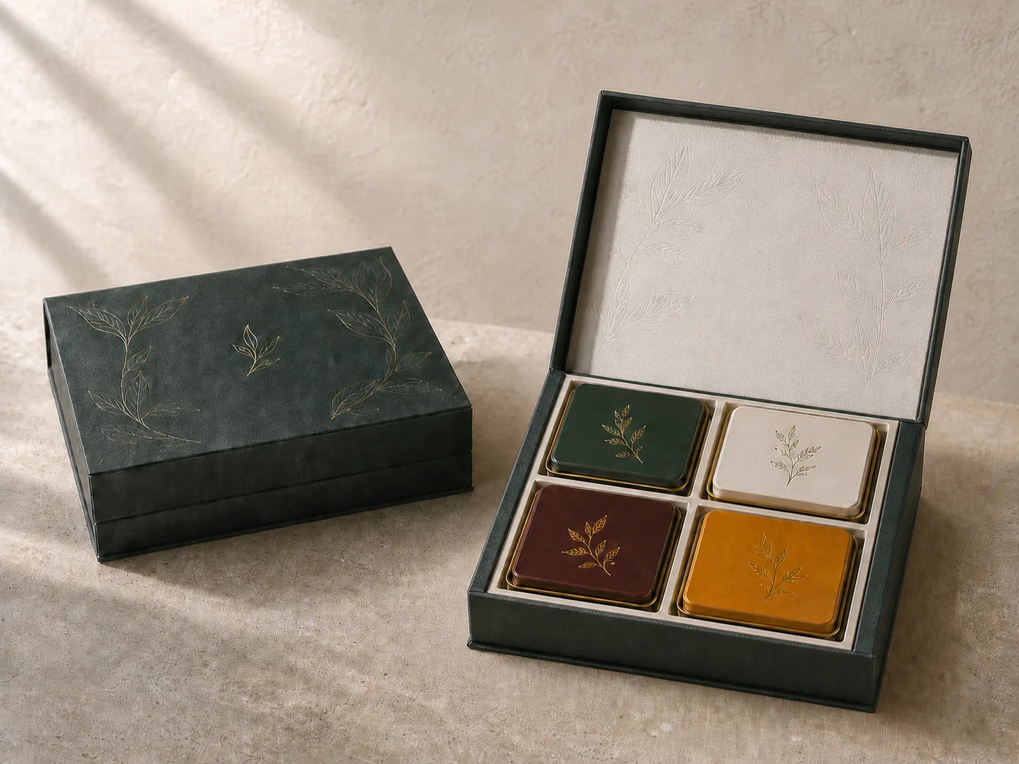 Open forest green magnetic tea gift box with four square tins beside a matching closed case on a stone surface.