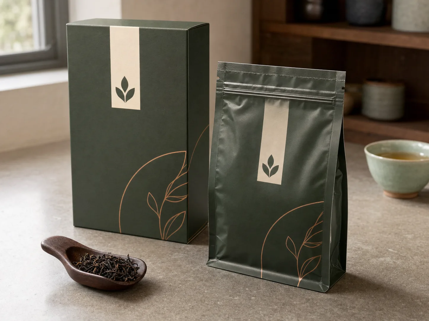 Forest green tea carton and flat-bottom barrier pouch with heat seal and zipper beside loose leaves and a tea cup.