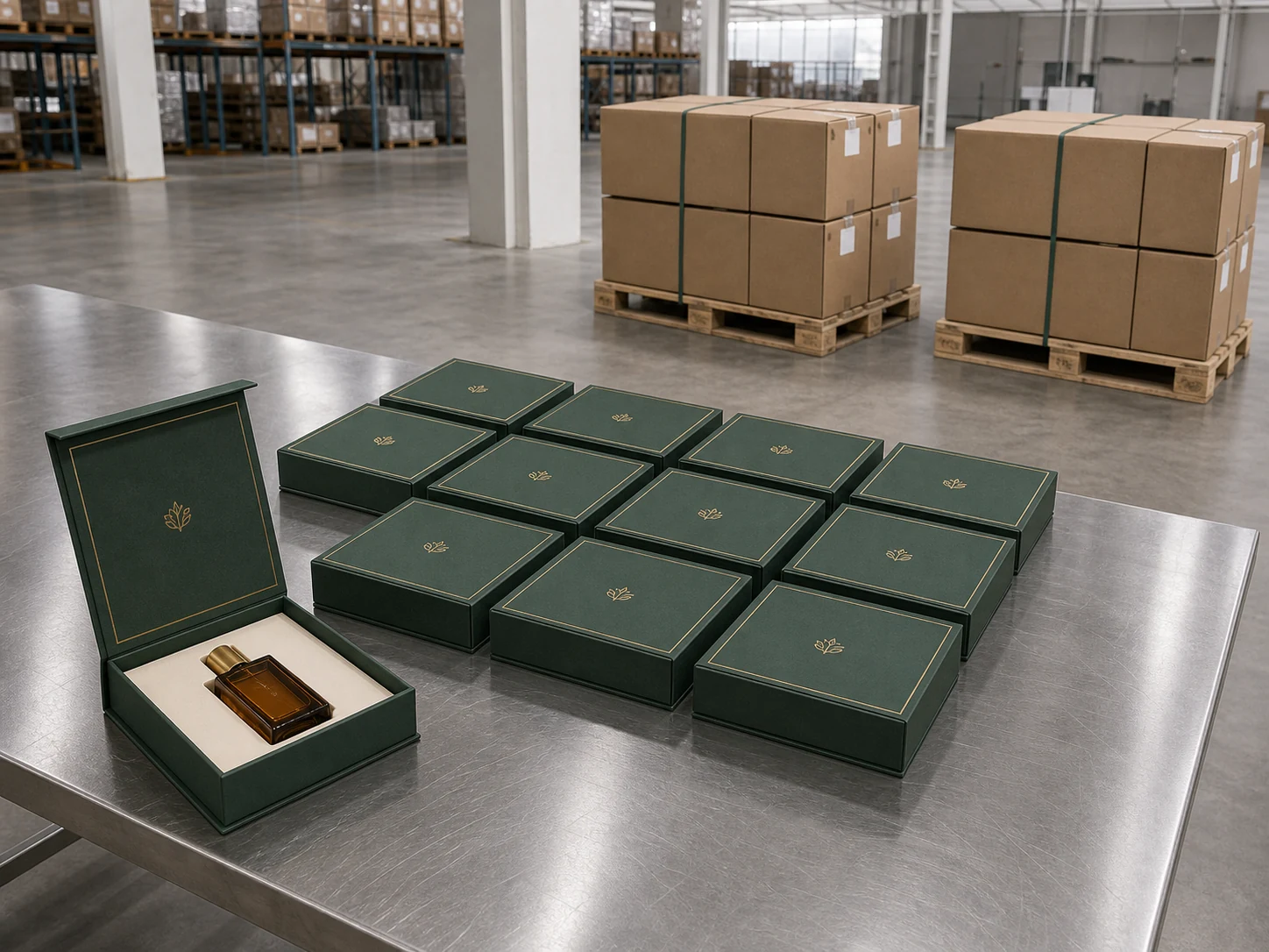 Open deep green perfume gift box with matching closed boxes on a quality-control table and palletized shipping cartons in the background.