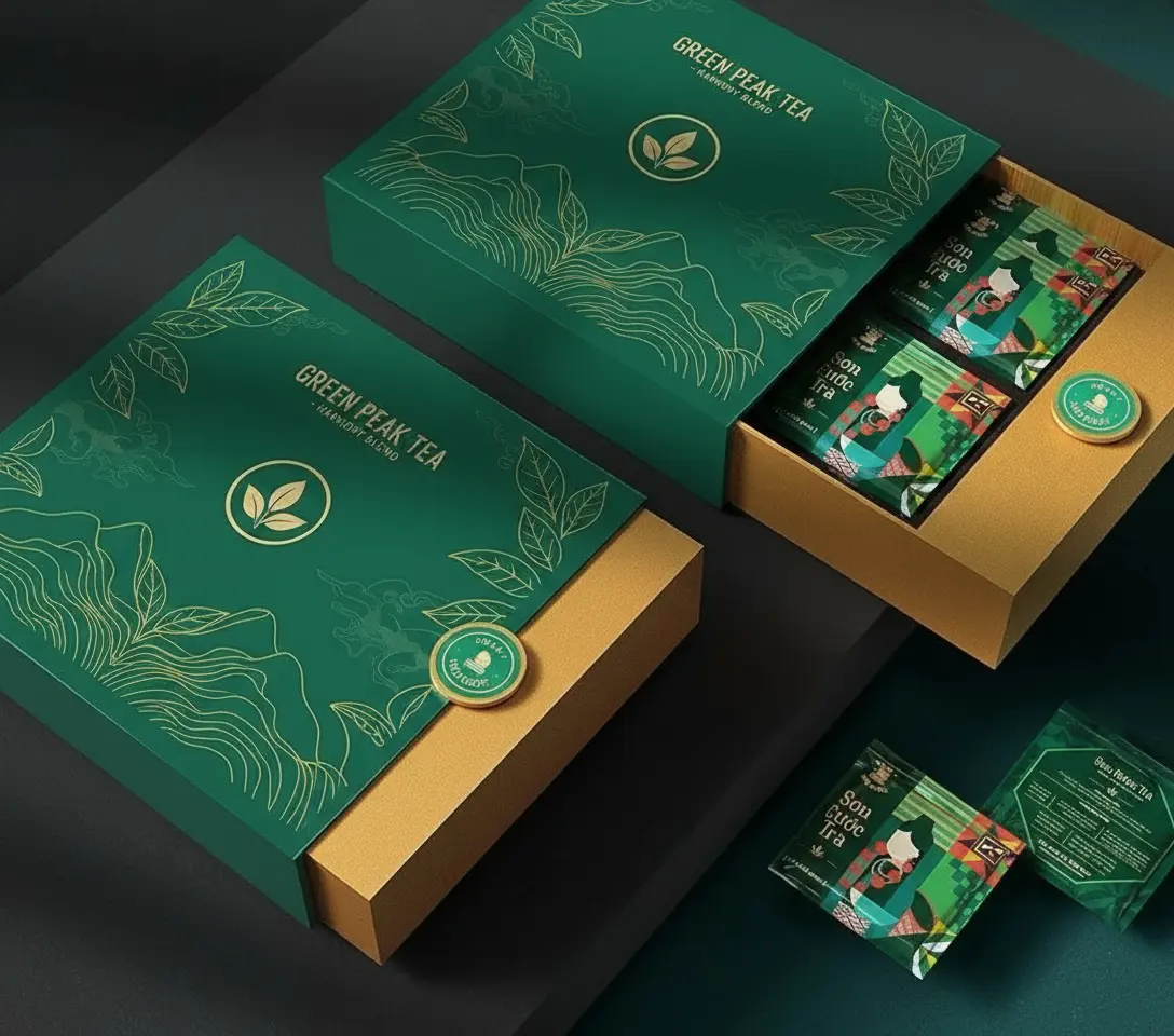 A luxury Green Peak Tea gift set with a deep green and gold line-art-themed slide-open box, revealing tea packets inside.