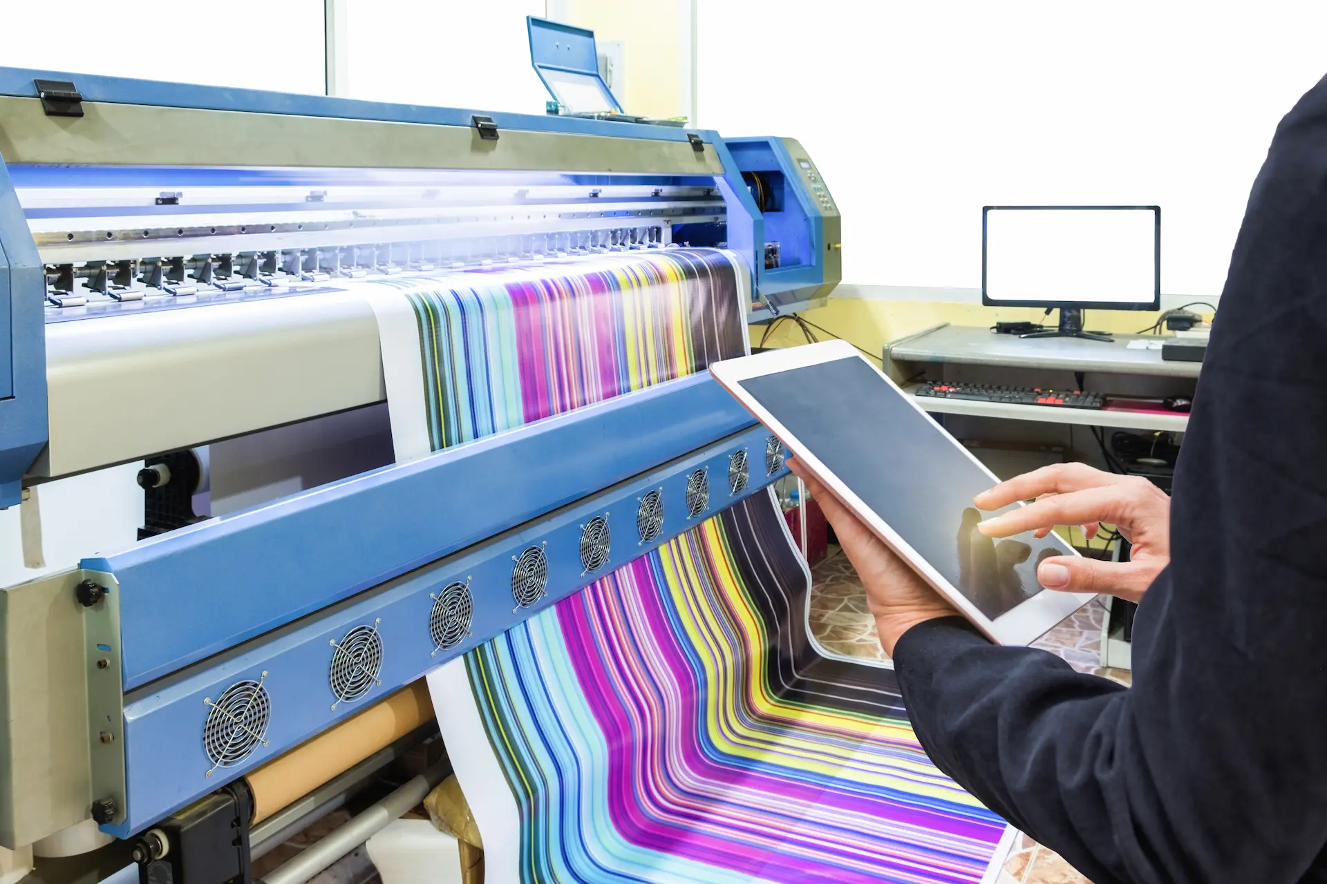 Hand Using Tablet Control With Inkjet Printer Prin