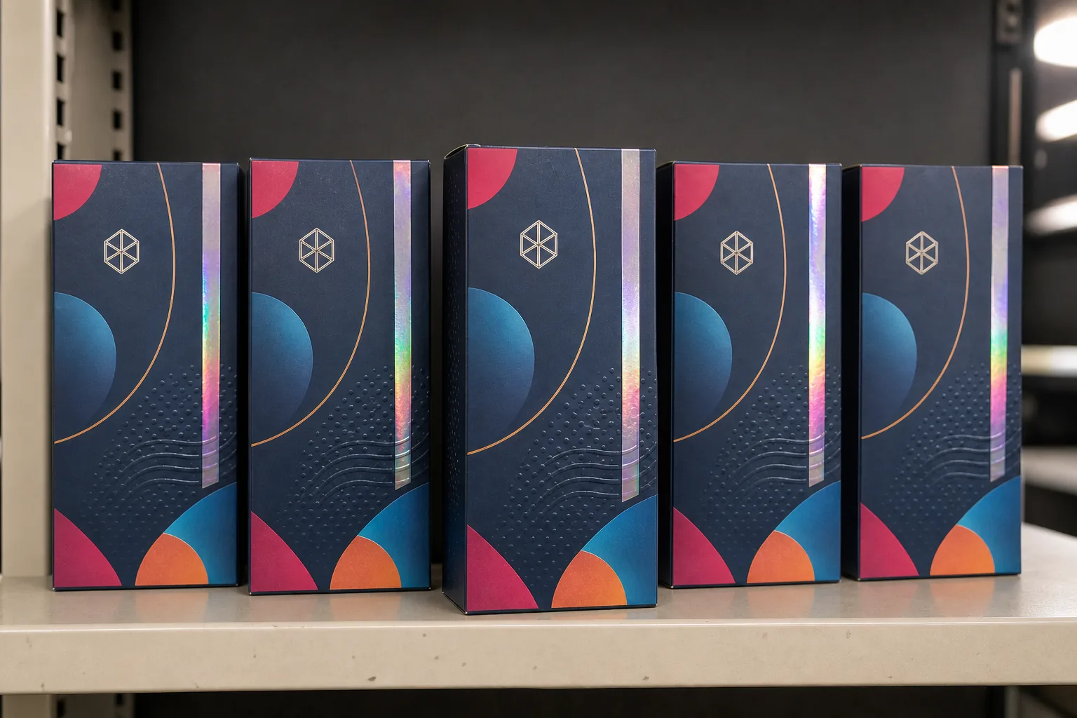 Five navy folding cartons with holographic foil strips, metallic accents, and raised varnish arranged on a retail display shelf.