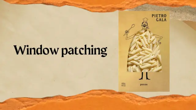 Illustration of penne box, chef's sketch, with "Comprehensive Guide: Window Patching" text.