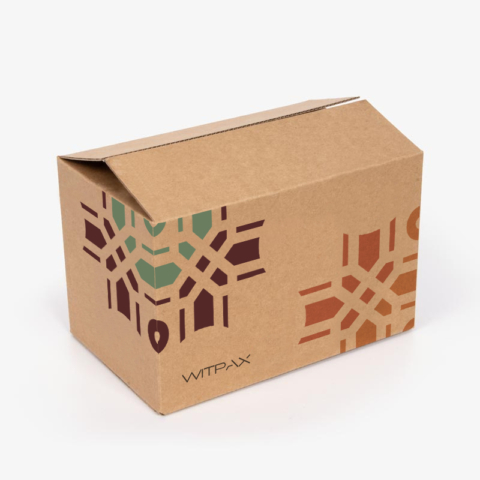 Custom kraft mailer box with colorful geometric pattern printing closed view