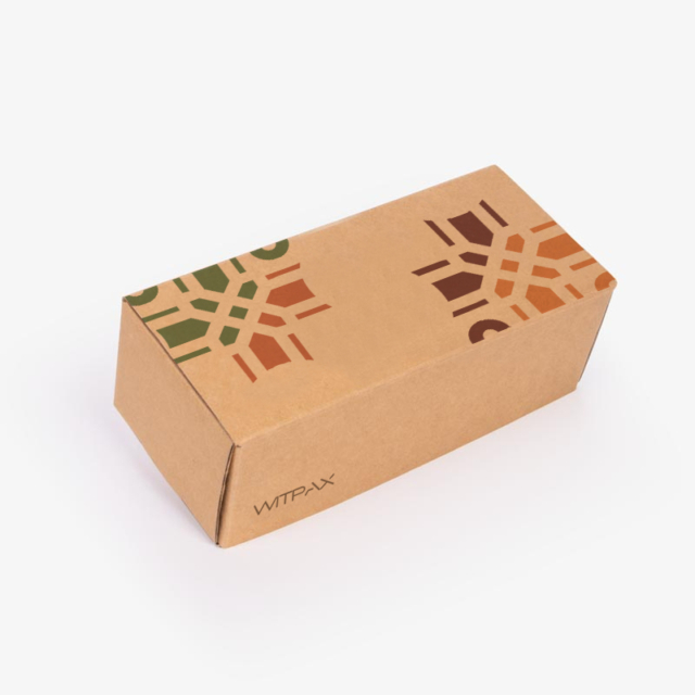 Kraft brown mailer box with colorful geometric pattern printing on top surface