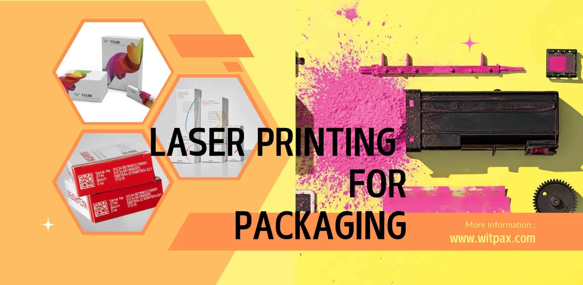 Laser printing for packaging, showing boxes and magenta toner on a yellow background.