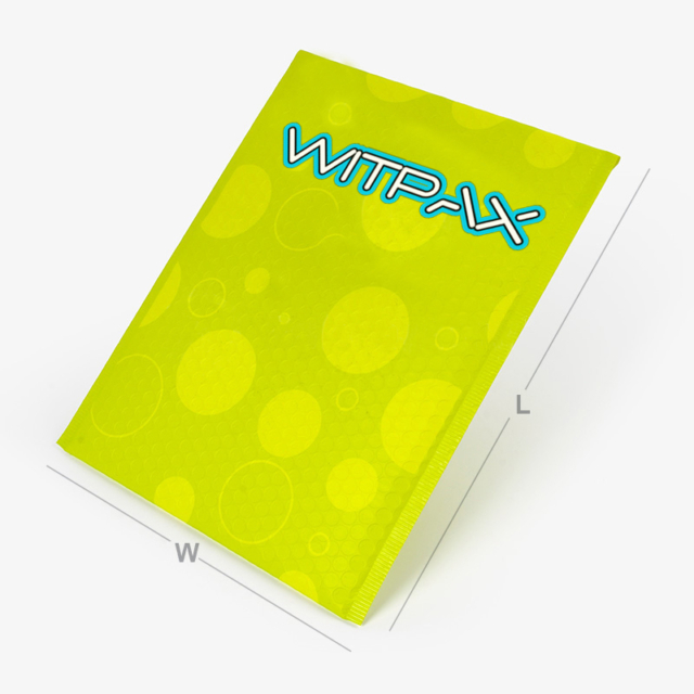 Custom lime green poly bubble mailer shown flat with dimension indicators