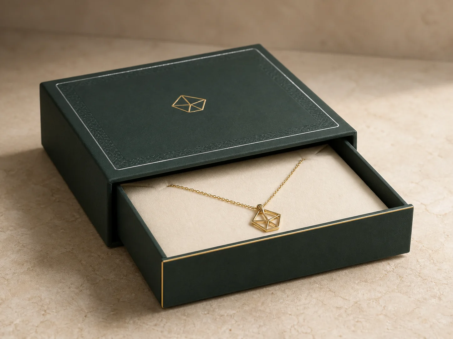 Open dark green drawer-style jewelry box with metallic foil accents, a debossed border, and a gold pendant necklace.