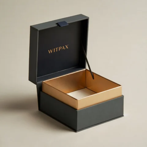 Black and gold custom packaging box with lid slightly open, showcasing an empty interior and a black ribbon inside.