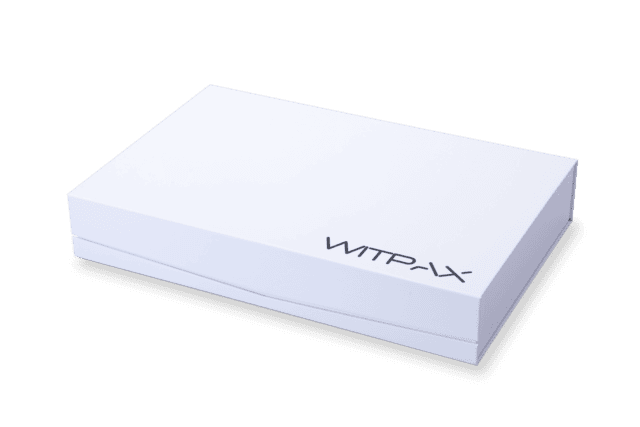 Magnetic closure box with text on the top right corner.