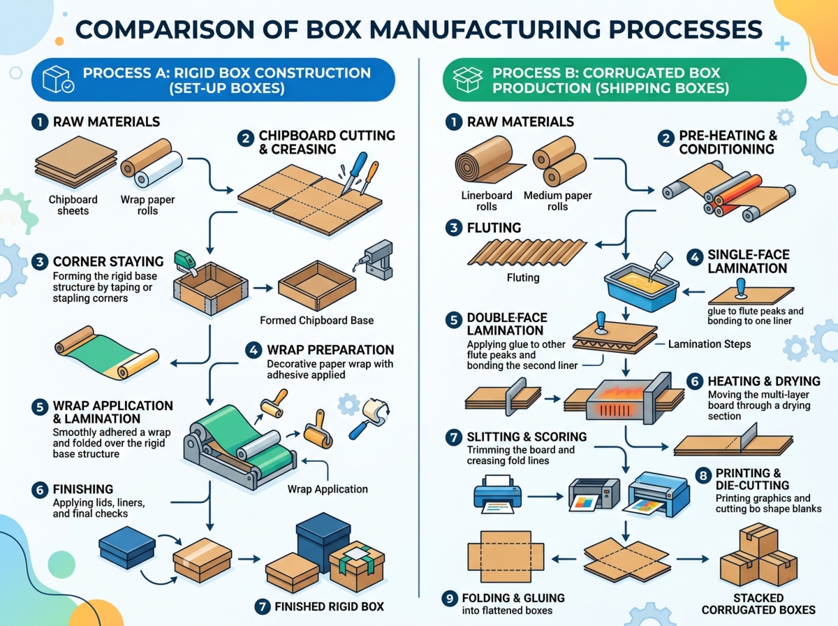 Manufacturing process diagram showing rigid box construction with chipboard base and wrap application alongside corrugated box production with fluting and lamination steps