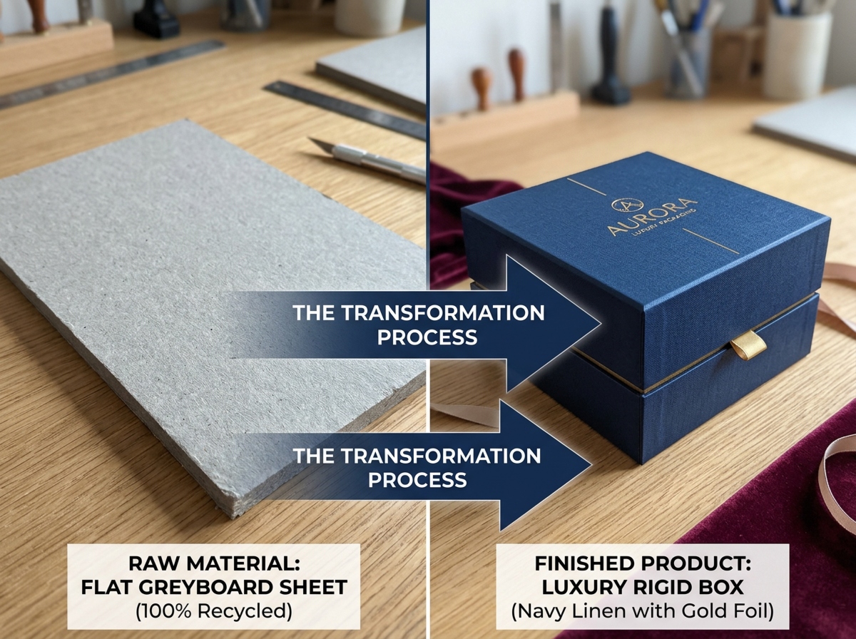 Split-screen image showing a flat greyboard sheet on the left and a fully assembled luxury rigid box with premium covering on the right, connected by an arrow to demonstrate the transformation process