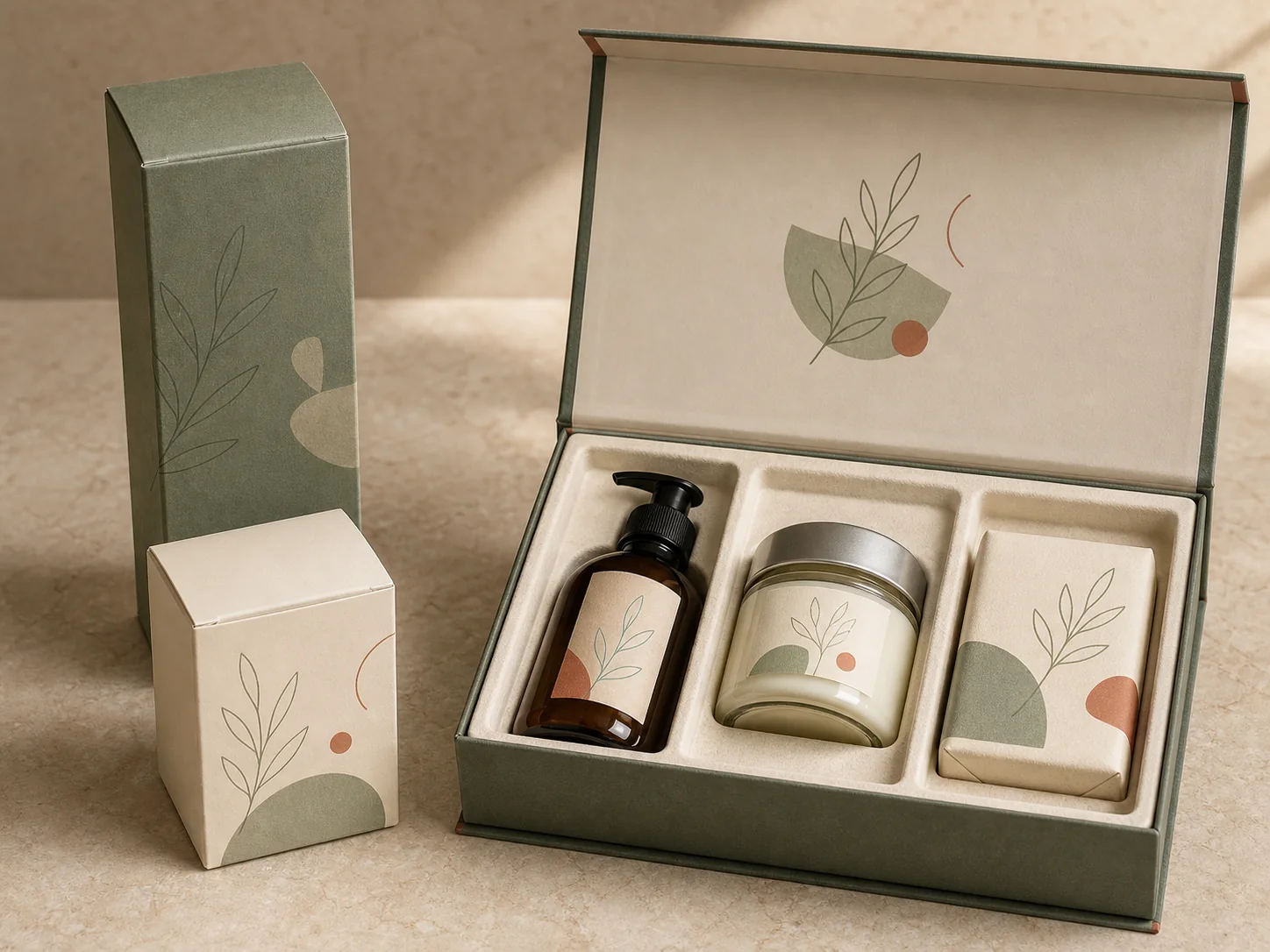 Coordinated personal care packaging with two folding cartons and an open rigid gift box holding lotion, a candle, and soap.