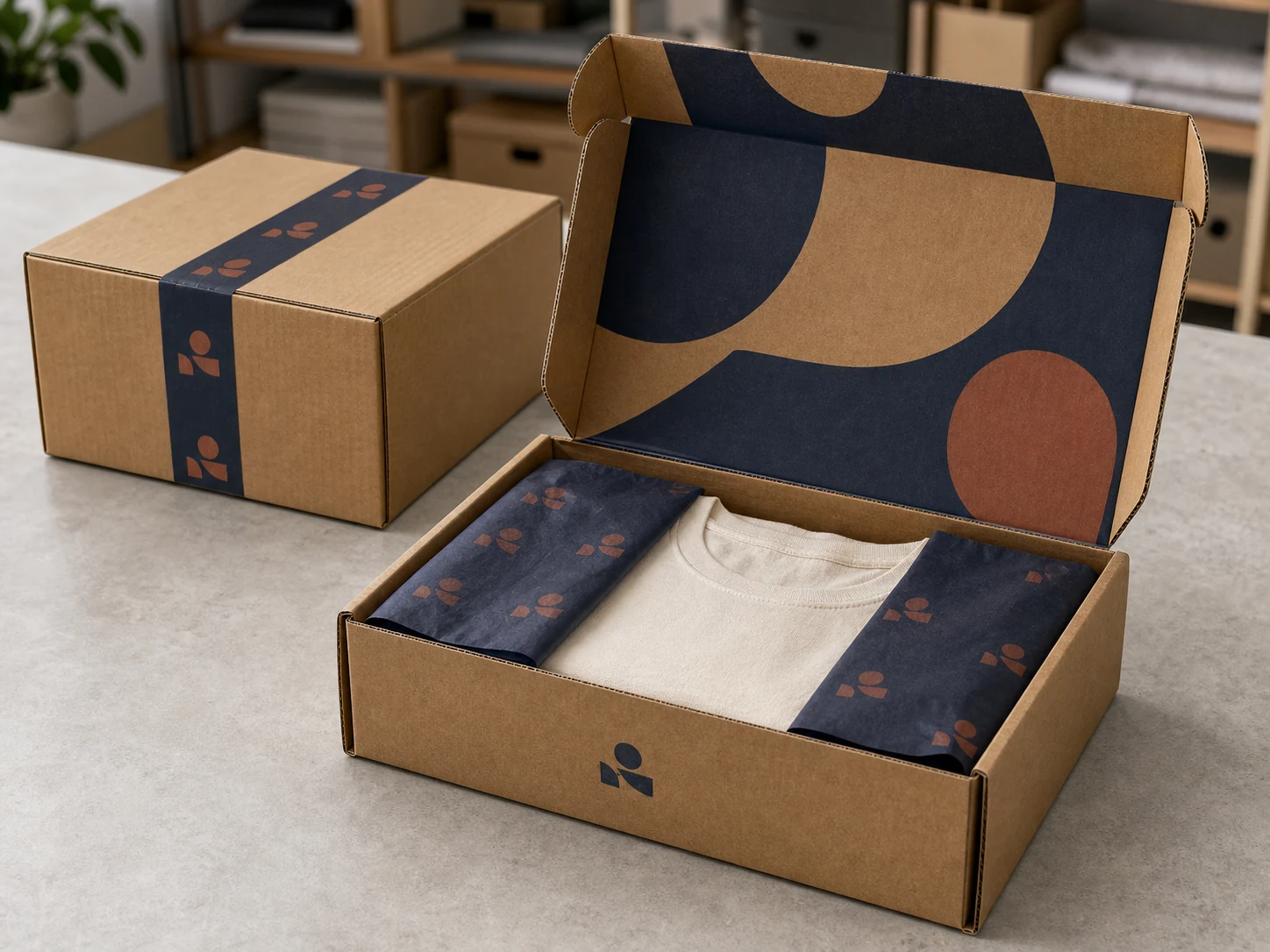 Open kraft mailer box with navy interior printing, branded tissue paper, folded T-shirt, and matching custom-taped shipping carton.