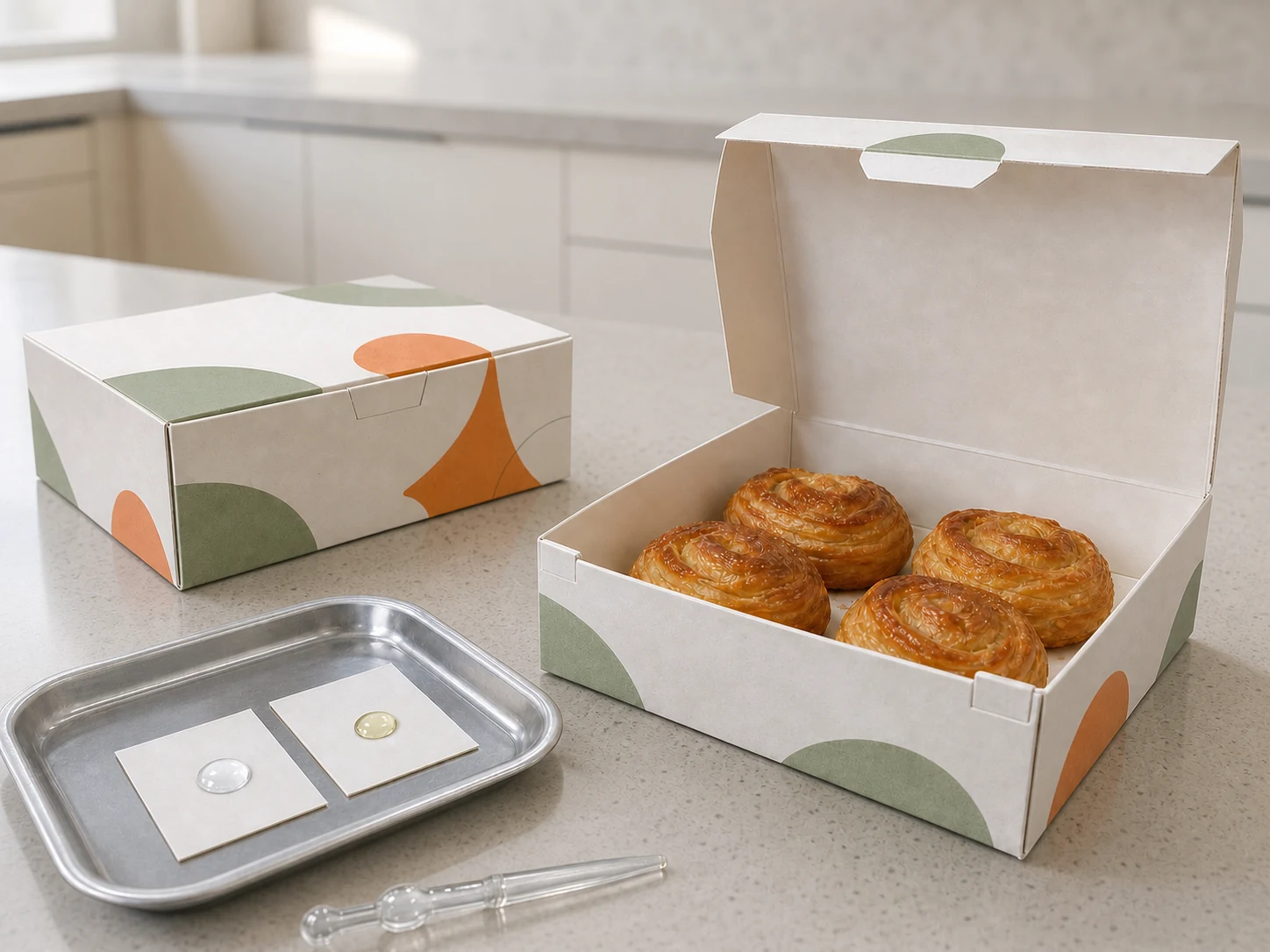 Open and closed pastry cartons beside paperboard test samples with water and oil droplets in a modern kitchen.