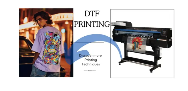 Person in printed T-shirt beside a machine, showcasing modern fabric decoration: DTF Printing.