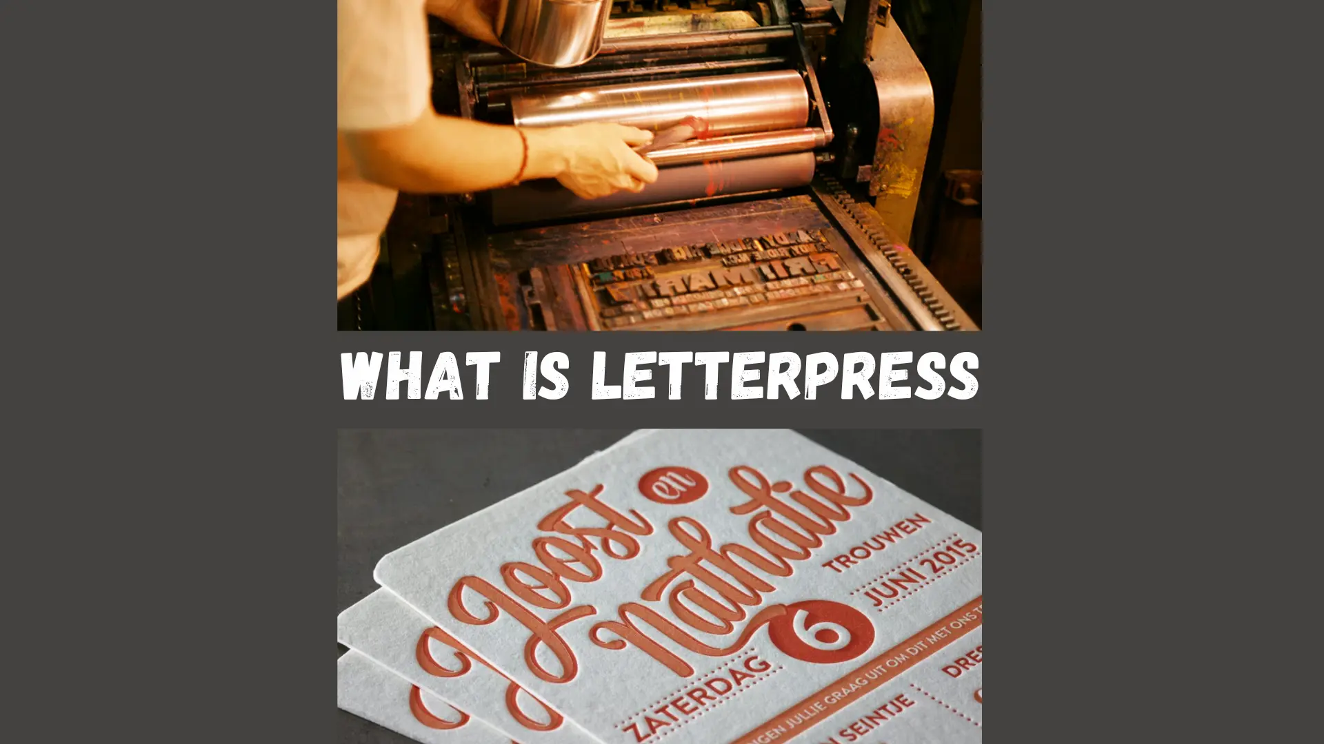 Person using letterpress printing; beautifully printed wedding invitations below.