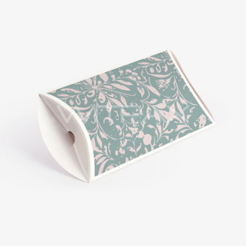 Custom pillow box with sage green floral pattern shown at angle displaying curved structure