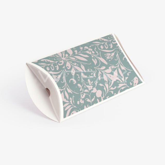 Custom pillow box with sage green floral pattern shown at angle displaying curved structure