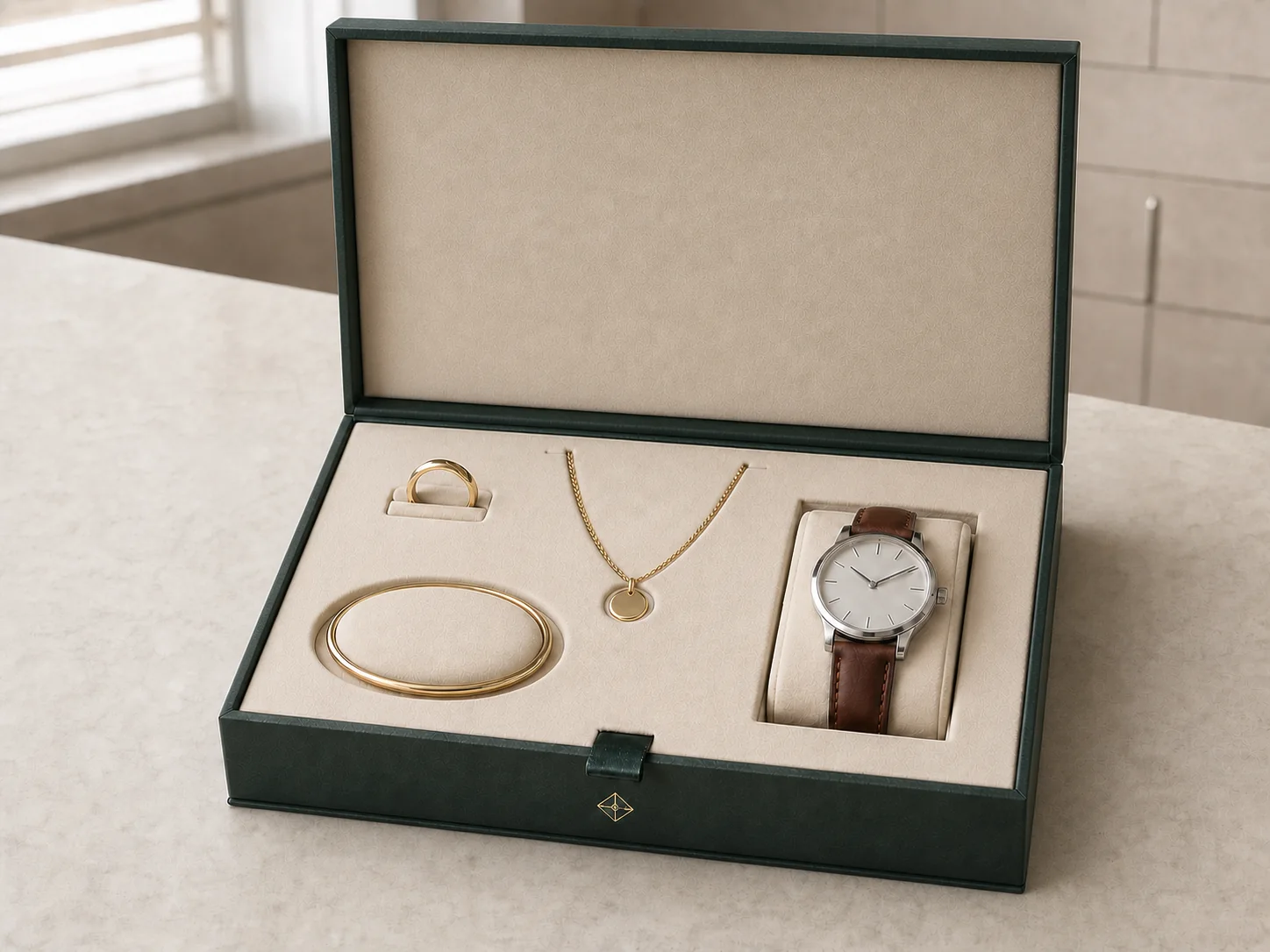 Open forest-green jewelry presentation box with precision-cut ivory inserts holding a ring, necklace, bracelet, and wristwatch.