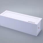 Rectangular white sliding drawer box set against a gray background.