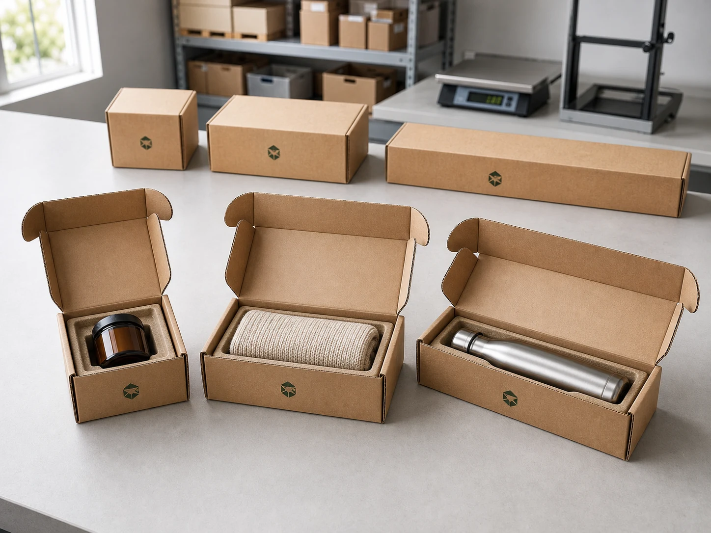 Three right-sized kraft mailer boxes with fitted inserts hold a cosmetic jar, folded knitwear, and a reusable bottle.
