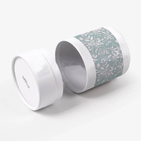 Custom round tube box with floral pattern band shown open with removable lid and interior view