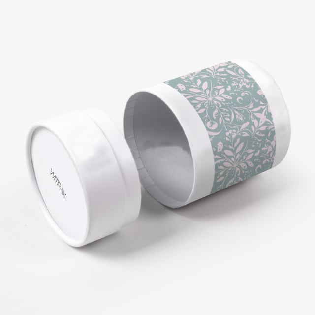 Custom round tube box with floral pattern band shown open with removable lid and interior view