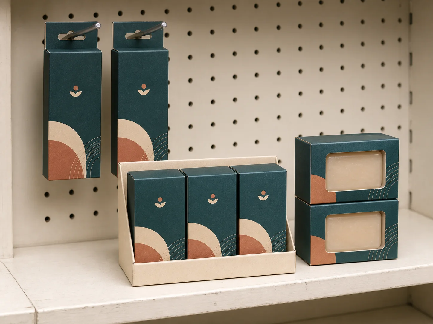 Shelf-optimized retail packaging with hang-tab cartons, a display-ready tray, and stacked window boxes showing soap bars.