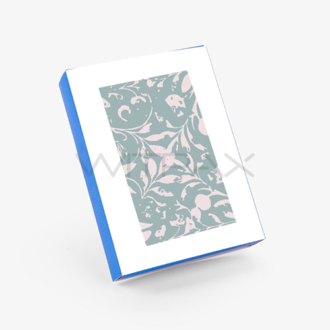 Custom sleeve drawer box with clear window showing decorative floral pattern, closed position front view