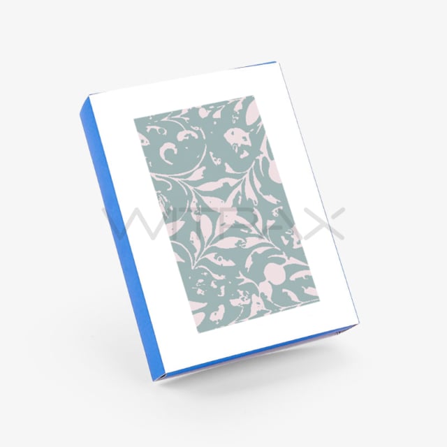 Custom sleeve drawer box with clear window showing decorative floral pattern, closed position front view