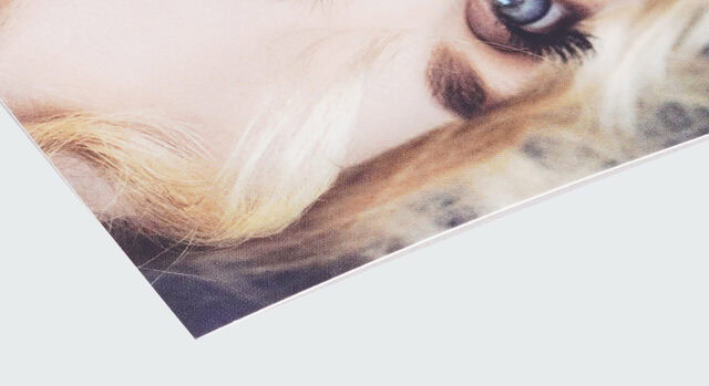 A close-up of a soft touch lamination process, showing a smooth, matte finish on a printed image.