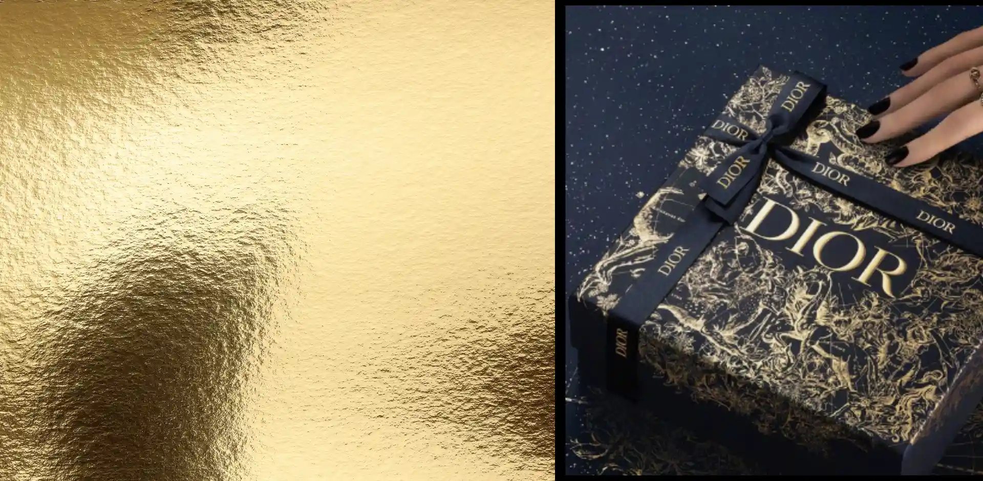 The image features a close-up of a textured gold surface adjacent to a custom luxury gift box, elegantly wrapped with a black ribbon, set against a dark backdrop.