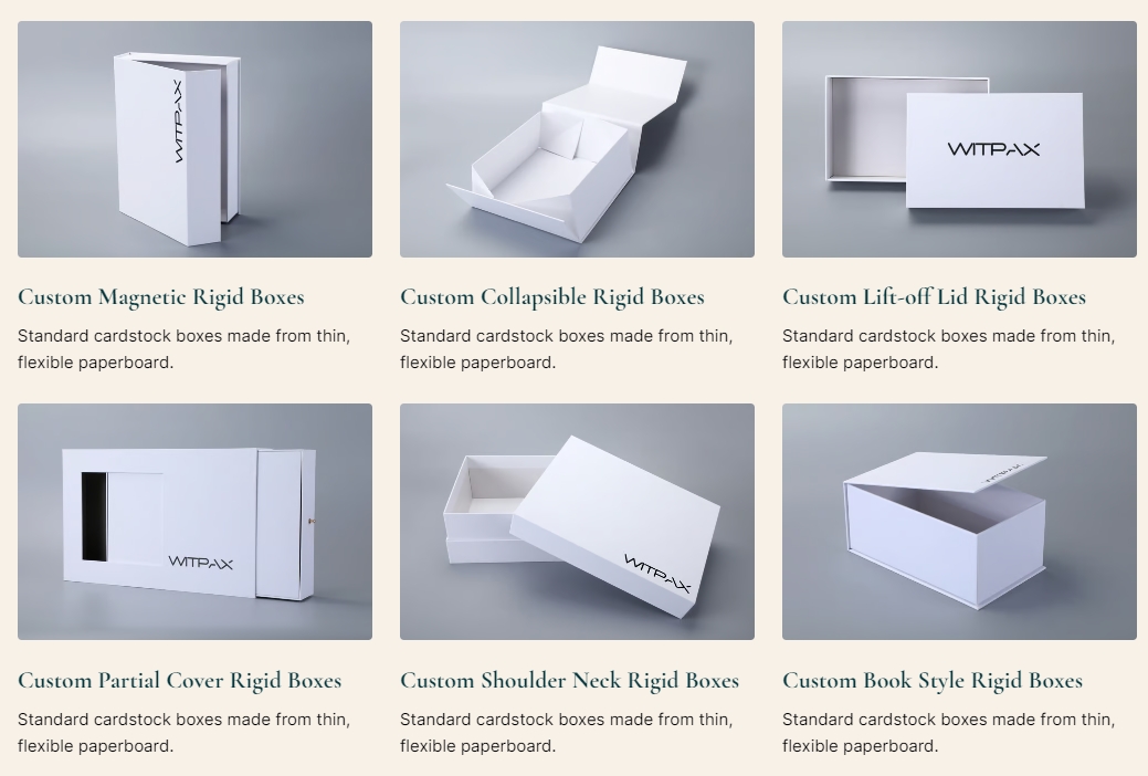 a variety of custom rigid box designs, featuring magnetic closures, collapsible structures, lift-off lids, partial covers, shoulder neck styles, and book-style openings. These boxes are crafted from sturdy paperboard to ensure durability and support while highlighting the premium quality of the packaging.