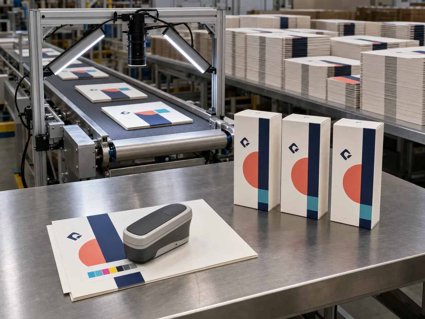 Three matching folding cartons beside a print spectrophotometer and automated camera inspection line in a high-volume packaging facility.