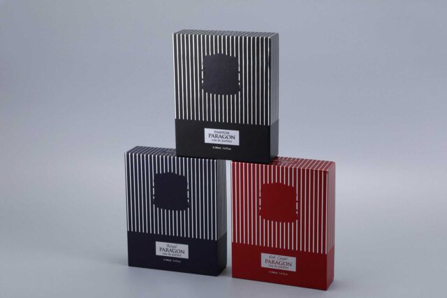 We are a manufacturer of custom box packaging. This image represents our product. It features three vertically striped boxes in different colors—black, blue, and red—arranged in a pyramid formation on a gray background.