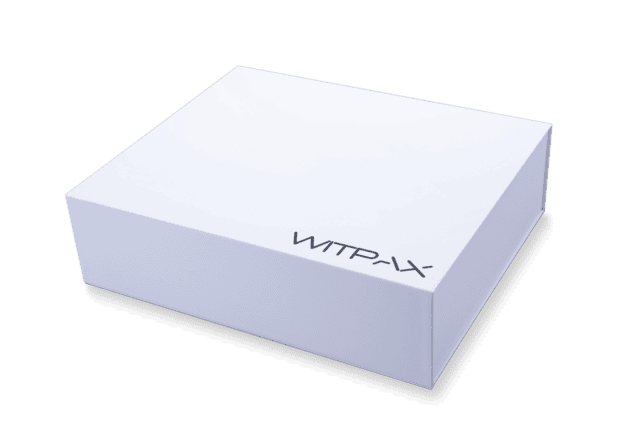 White box with "WITPAX" logo, featuring a magnetic closure, against a black background.