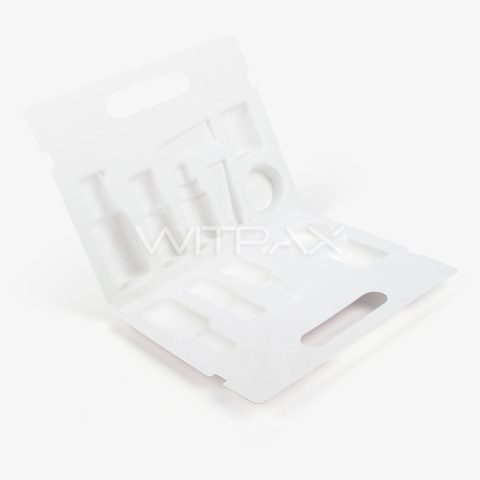 White cardboard box insert with multiple compartments shown from angled top view