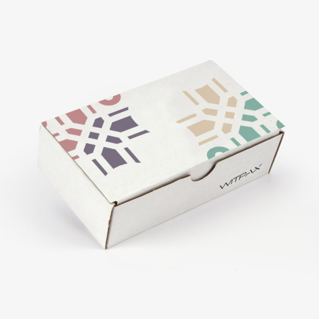 Custom printed mailer box in white with colorful geometric pattern design and brand logo