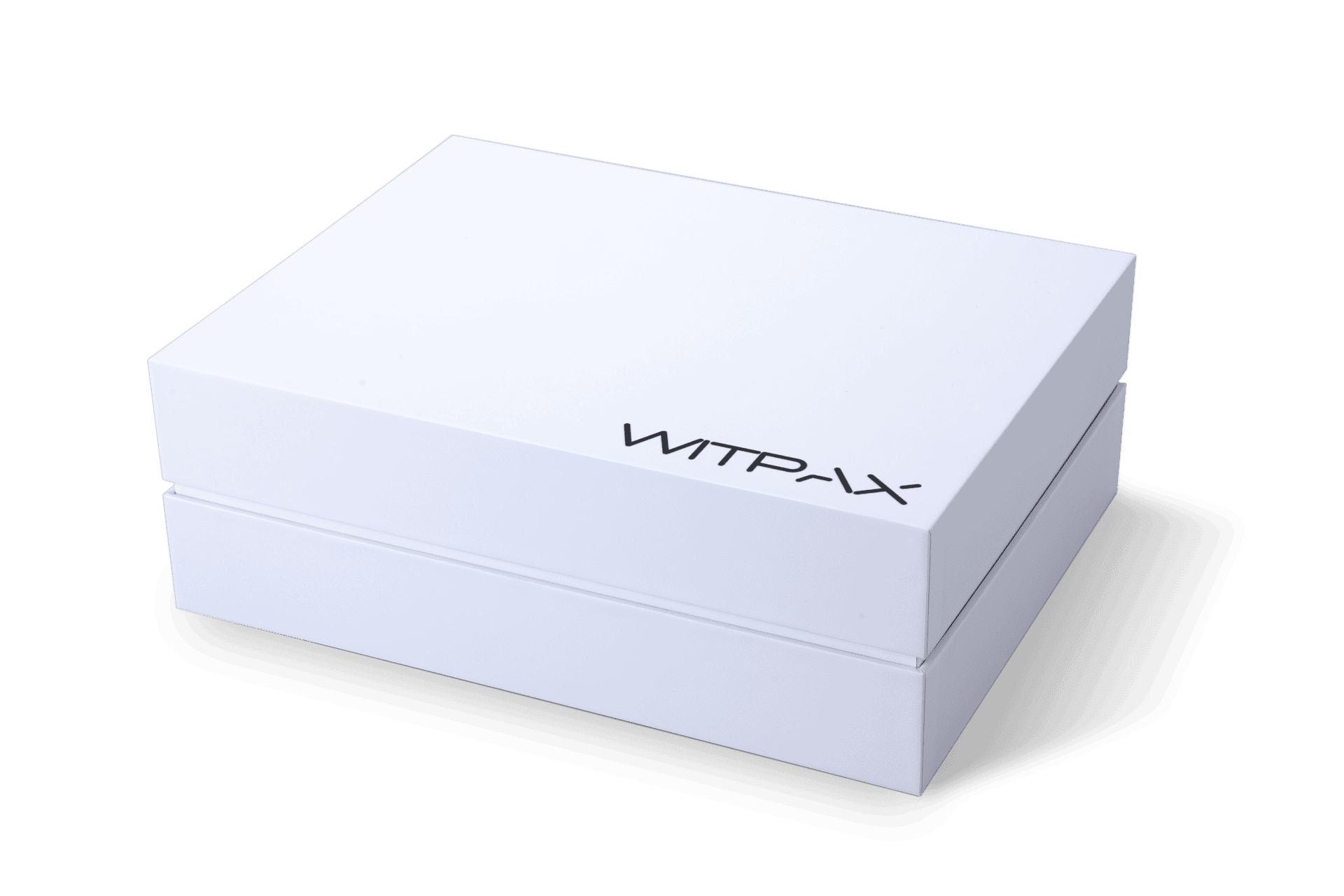 White rectangular box with black text on the lid, set against a shoulder-height black background.