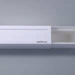 White rectangular sliding drawer with "WTPLX" text, partially open on a gray background.